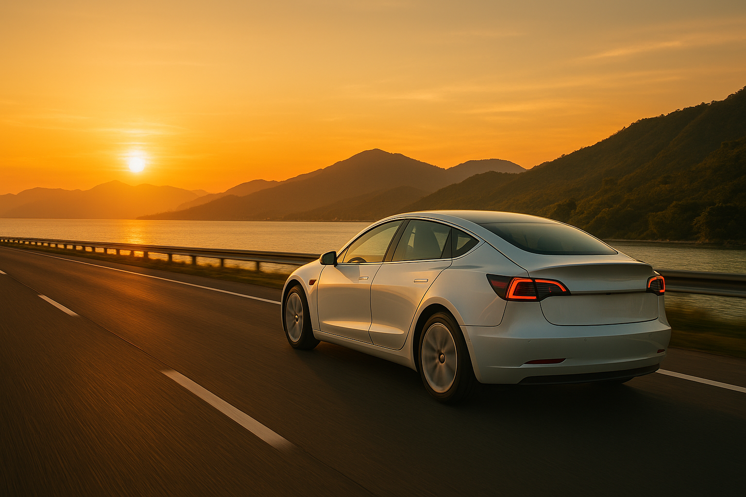 Carro elétrico em rodovia de Santa Catarina ao pôr do sol